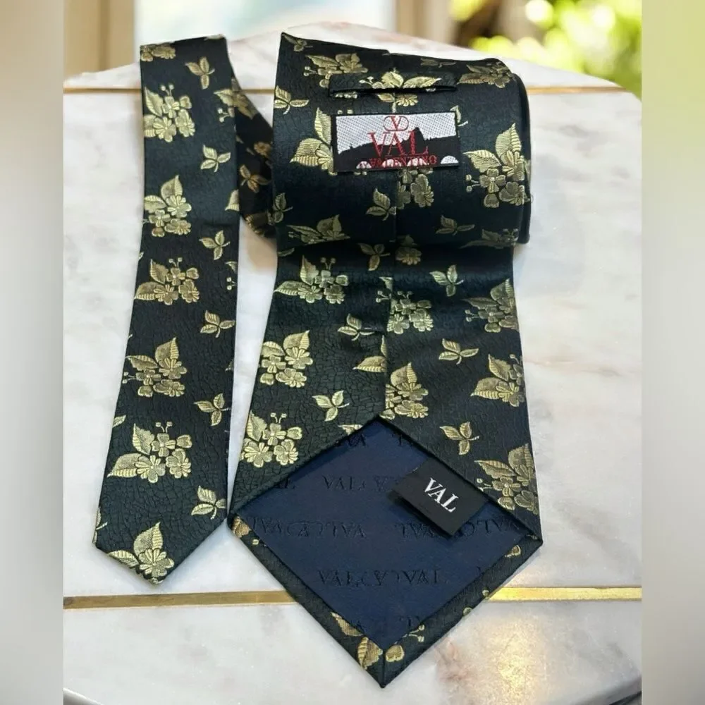 🔥 Valentino 100% Silk Floral Gold Accents Tie